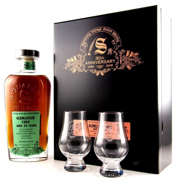 Glenlossie 33 Jahre 1984-2018 30th Anniversary Signatory 56,7% vol. +2 Gläser Glenlossie 33 Jahre 1984-2018 30th Anniversary Signatory 56,7% vol. +2 Gläser